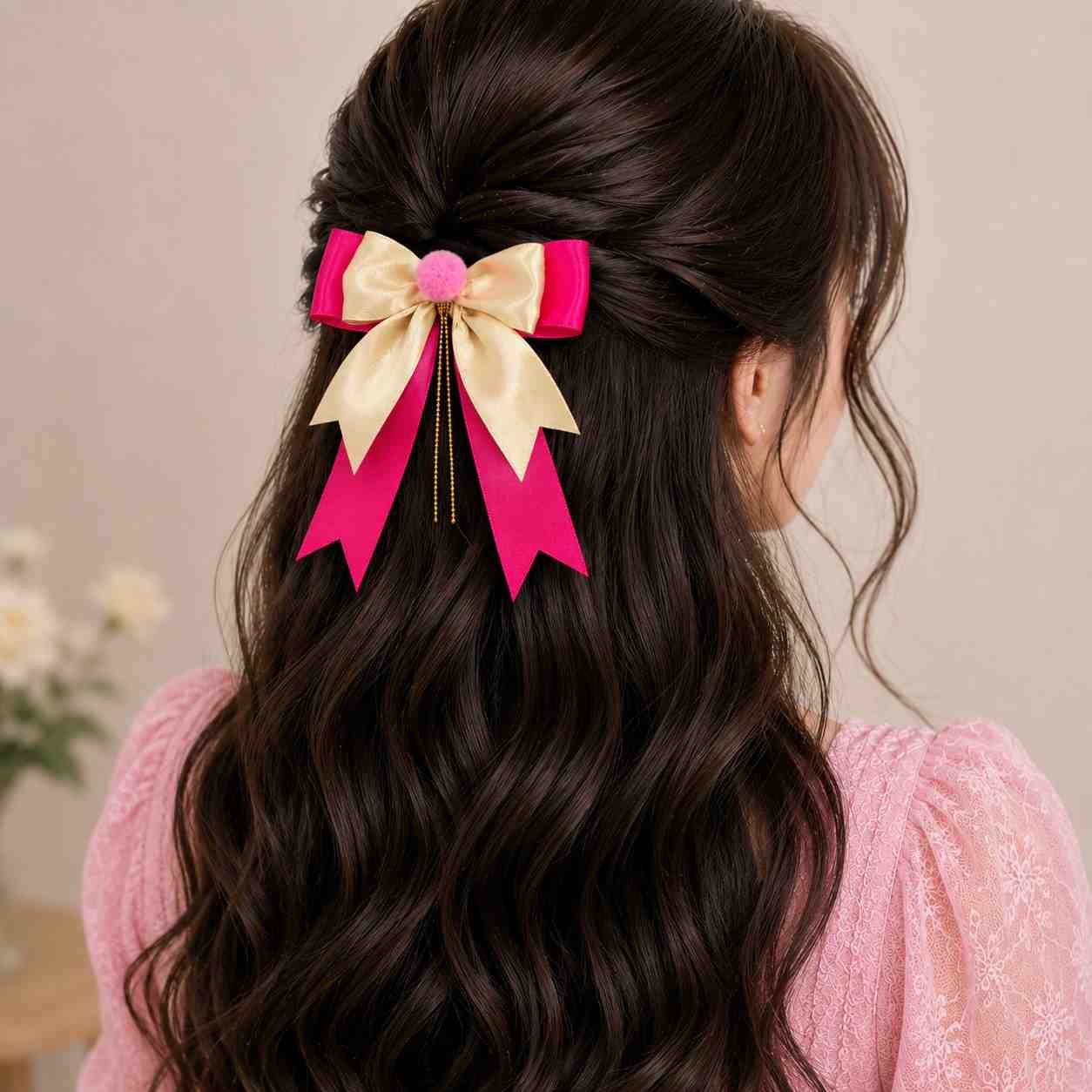 Charming Ribbon Bow with Pom-Poms