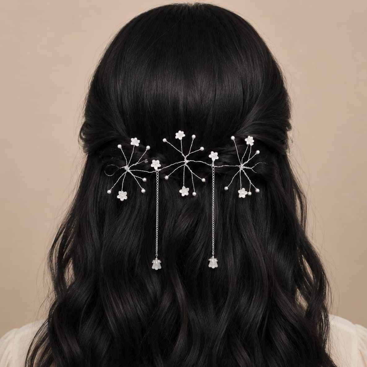 pearl floral hair vine worn on hairstyle