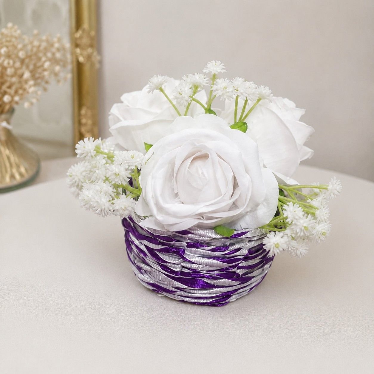 White rose floral basket styled for home decor