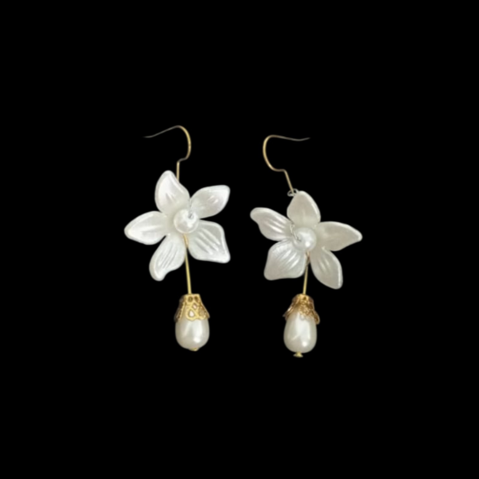 White Floral Drop Earrings with Pearl Accents